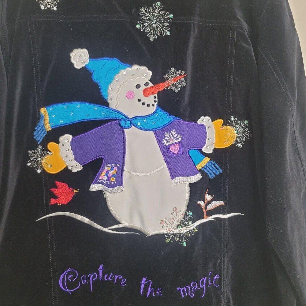 Quacker Factory 1X Holiday Capture the Magic Black Velvet Button Jacket Snowman